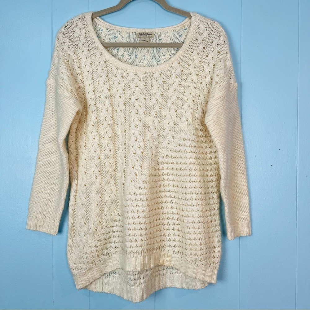 Lucky Brand Women Medium Cream Chunky Open Knit Sweater Wool Blend Hi-Lo Hem